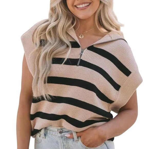 These Three Jackets & Blazers - Tan and black striped sweater vest